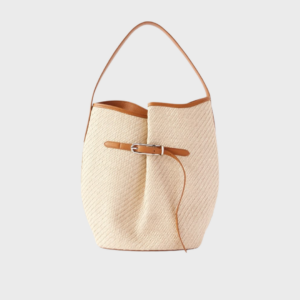 Buckled Leather Trimmed Woven Raffia Shoulder Bag